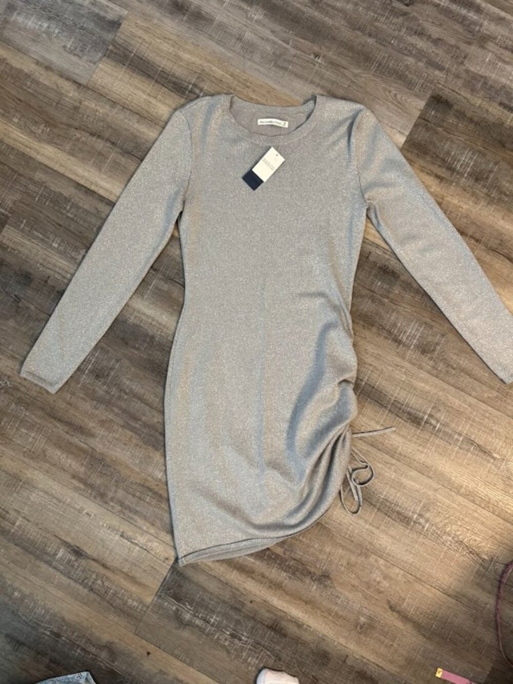 NWT Abercrombie & Fitch Shimmer Ruched Bodycon Dress Silver Medium - Picture 2 of 5